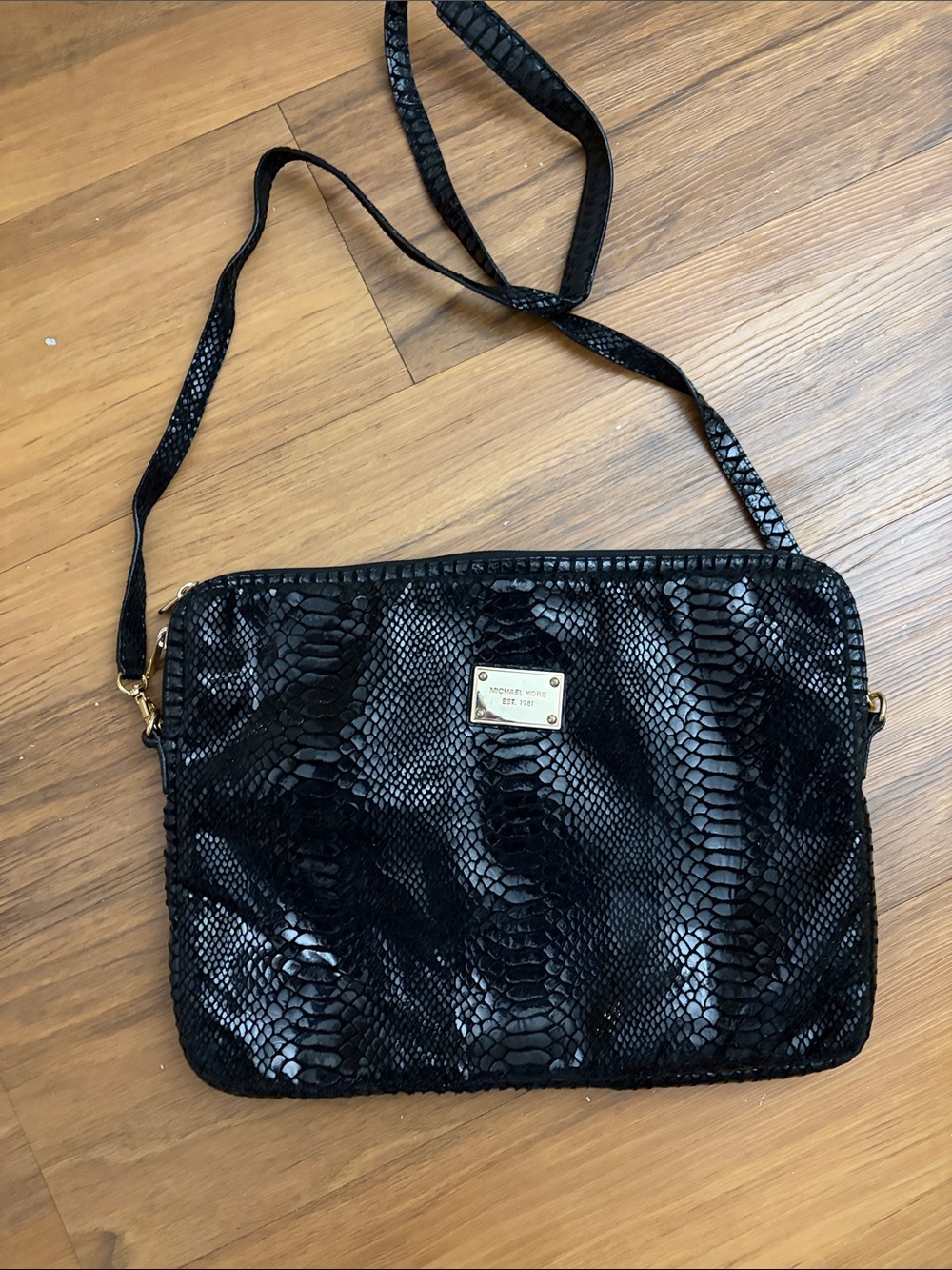 Michael Kors Black Snake-Embossed Crossbody Pouch with Gold Plate